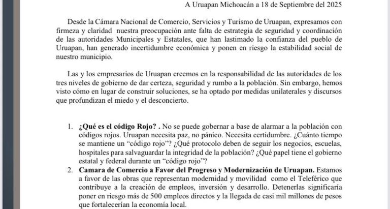 Exigen empresarios de Uruapan al presidente Carlos Manzo actuar con responsabilidad y legalidad