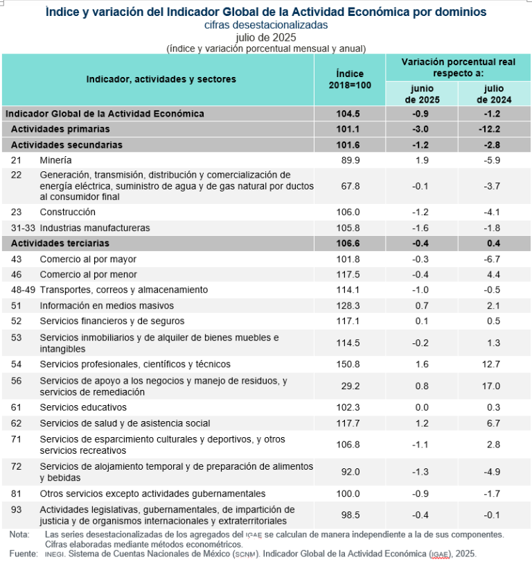 Disminuyó 0.9 % el Indicador Global de la Actividad Económica, en julio