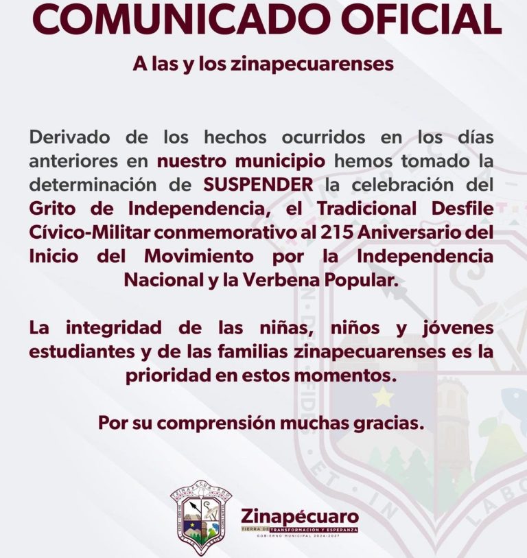 Suspende el municipio de Zinapécuaro sus festejos patrios por hechos de violencia