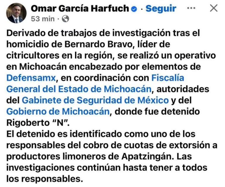 Confirma García Harfuch la detención del supuesto homicida de Bernardo Bravo