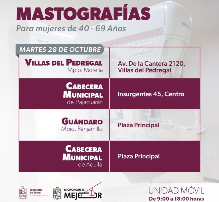Mastografías gratuitas llegan a 10 municipios del 27 al 31 de octubre