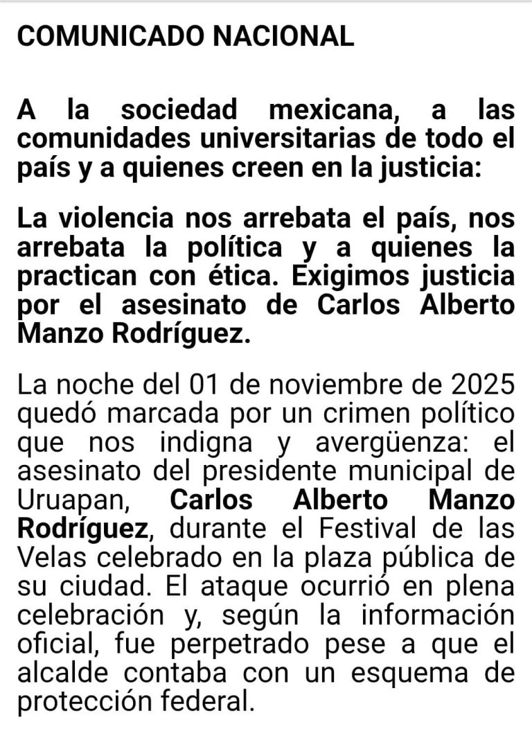 Académicos del ITESO, UNAM, U de G, BUAP y Tec de Monterrey exigen a Sheinbaum y Bedolla esclarecer crimen de Carlos Manzo