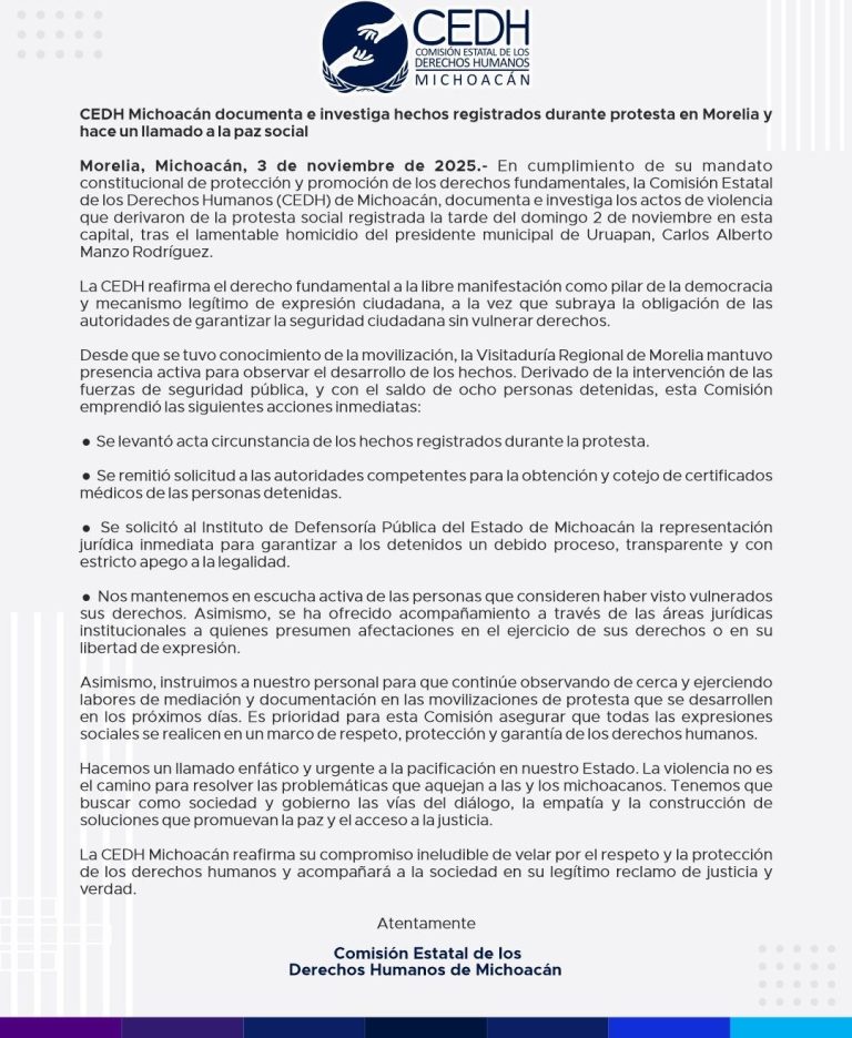 Documenta e investiga CEDH Michoacán hechos registrados durante protesta en Morelia