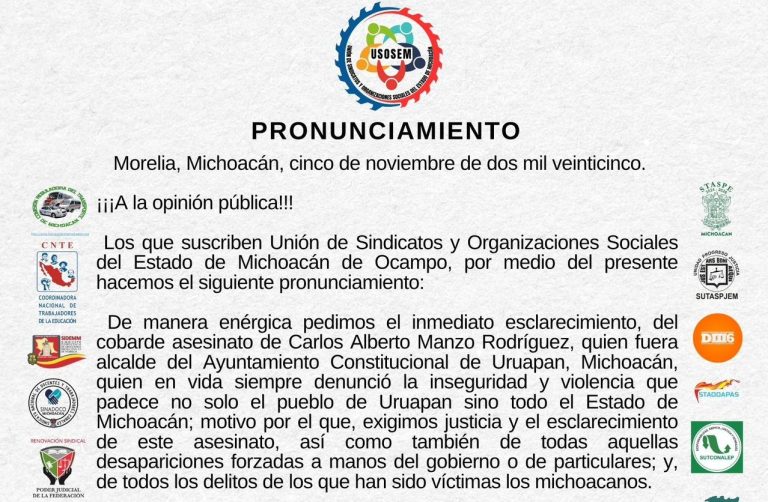 Exigen STASPE, CNTE, D-III-6, CRT, CONALEP y demás gremios a gobernador esclarecer crimen de Carlos Manzo
